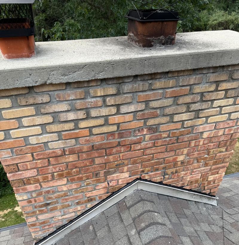 Weathered brick chimney with a concrete crown and metal flashing at the roofline