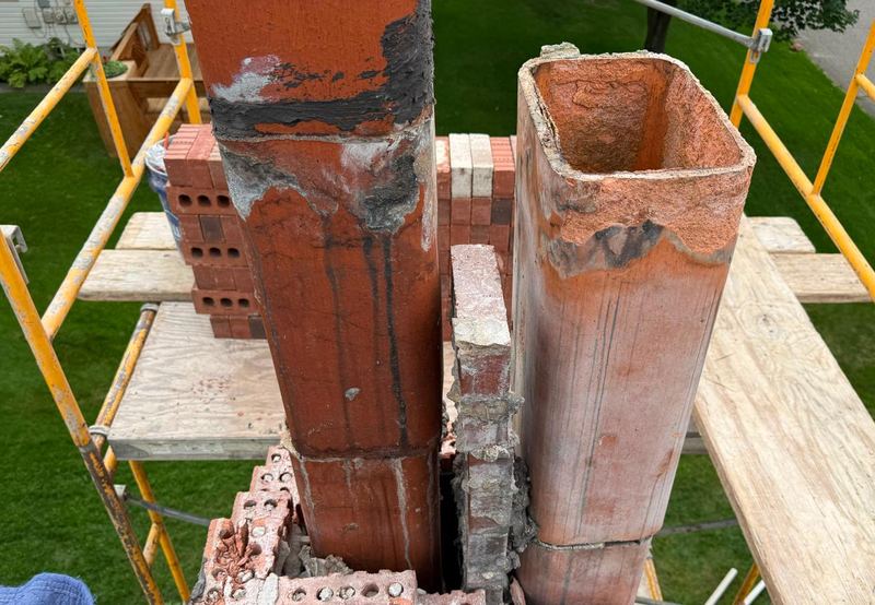 Chimney taken down to the clay flue tiles, with yellow scaffolding and planks around it