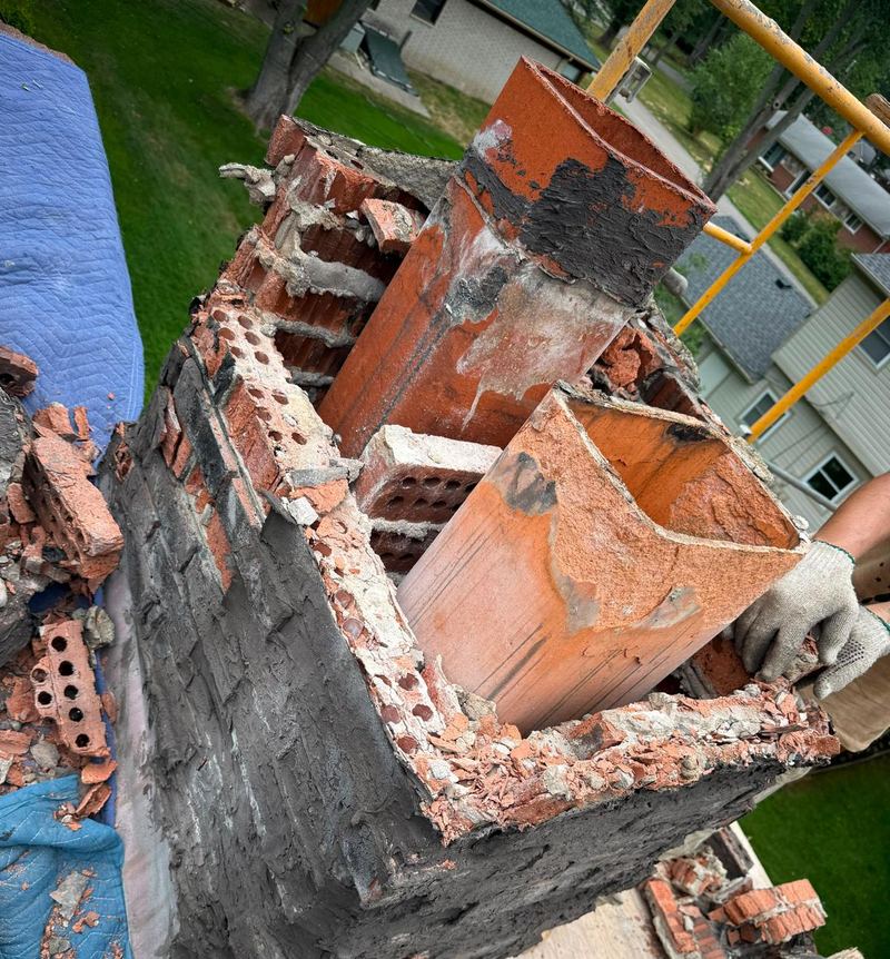 Chimney partly torn down around two clay flue tiles